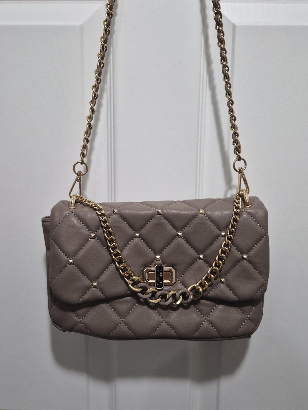 Badgley Miscka Quilted Taupe Shoulder Bag with Gold Chain